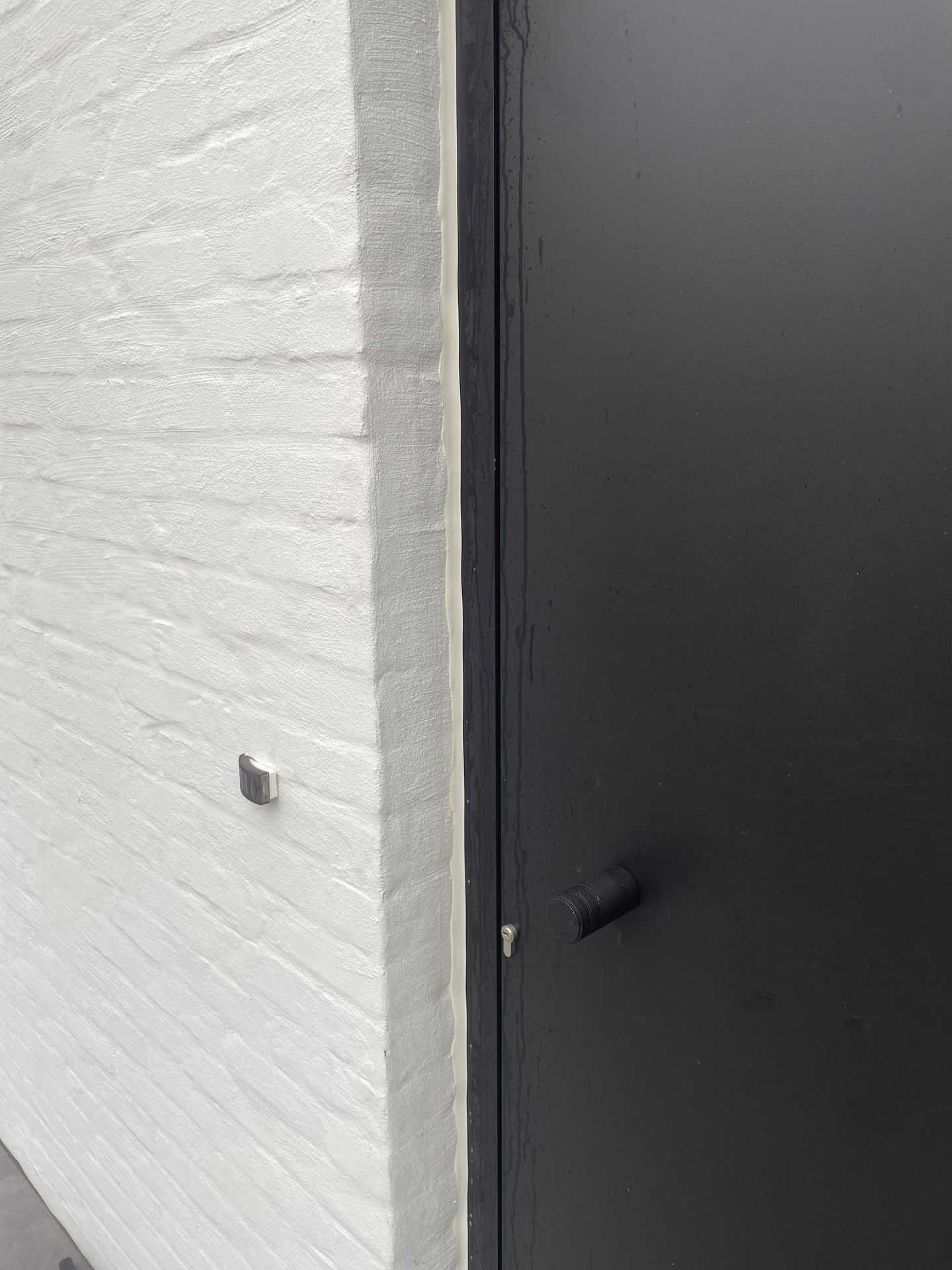 Zwarte buitendeur met witte muur